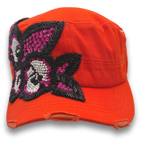 Orange Army Cadet Hat Flower Beaded Sequins Round Top Distressed BDU Castro Cap - Picture 2 of 7